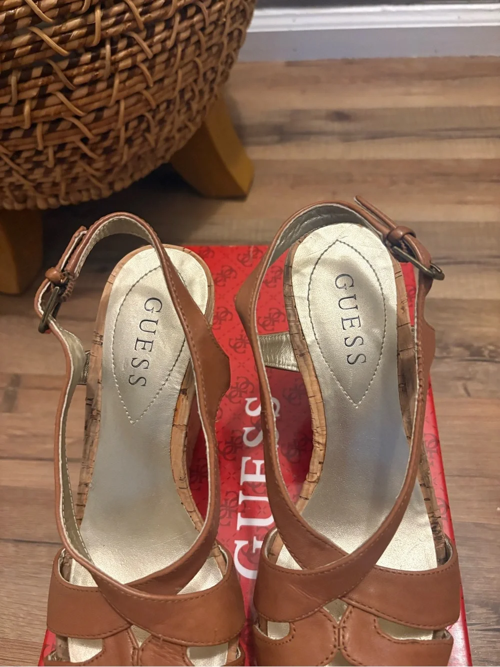 GUESS Brown Leather Cork Wedge Sandals - Slingback Strappy Style